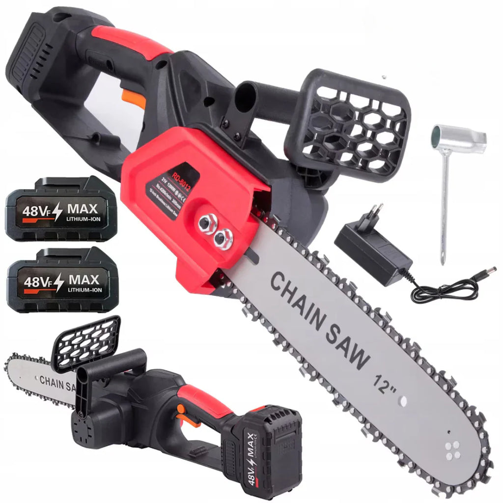 Mini drujbă electrică 12 inch cu lanț, 48V, 2 acumulatori Lithium, 4800 RPM, drujbă portabilă pentru grădină și lemne