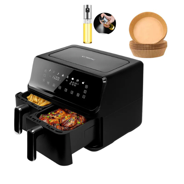 Friteuză Dublă Leihmann Air Fryer 10L, 3000W + CADOU 100 Hârtii de Copt + Pulverizator Ulei/Otet