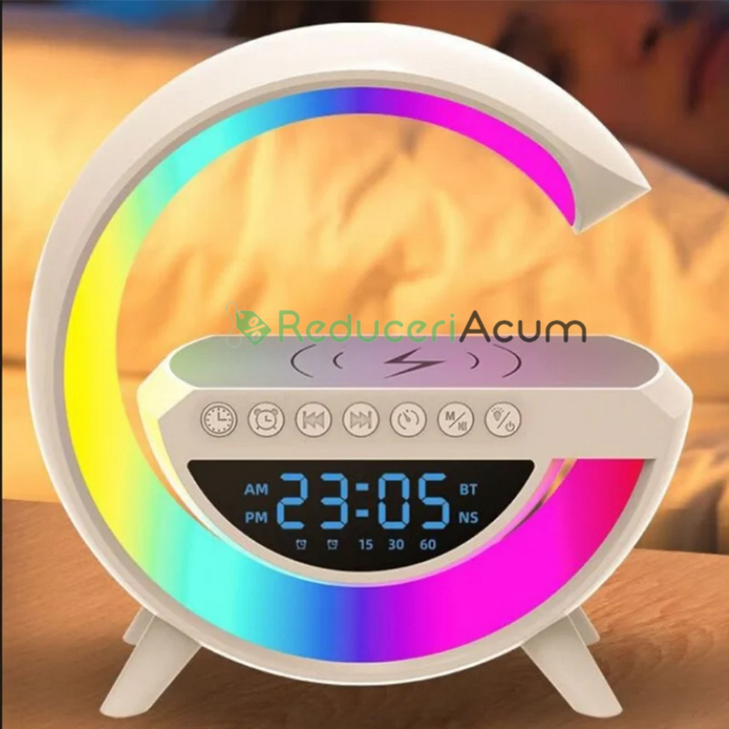 Lampa LED Birou RGB cu incarcare Wireless, Bluetooth, Ceas, Alarma si USB
