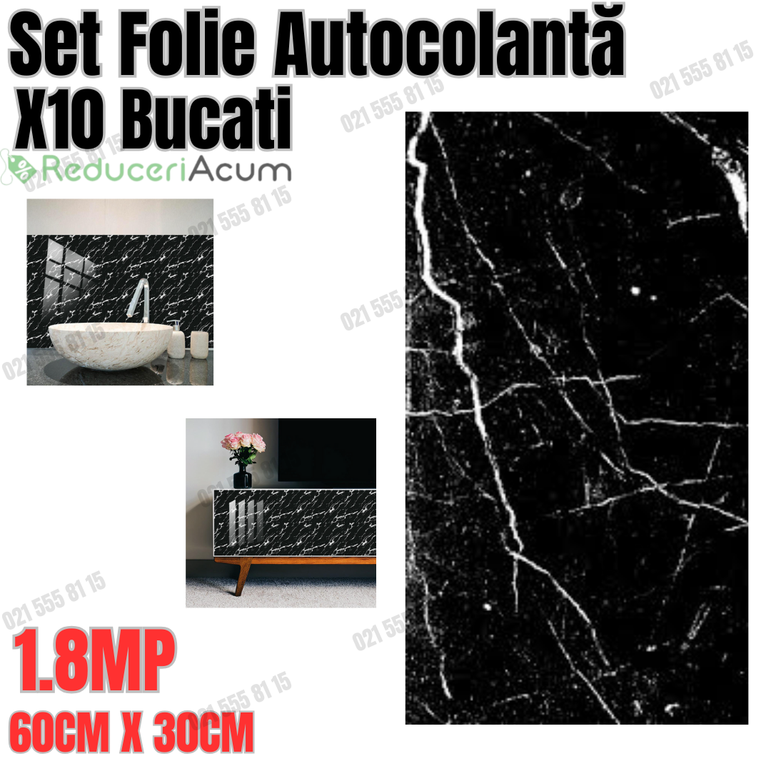 Set Folie Autocolantă Vin, Marmură Elegantă – 10 Buc, Dimensiune 60x30 cm NEGRU/ALB
