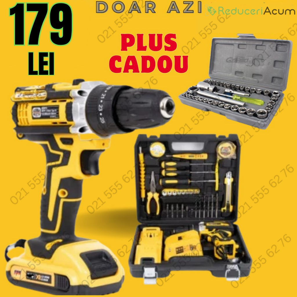 Trusa bormasina LEIHMANN, 2 acumulatori, 36V, 5Ah, incarcator si 30 accesorii, galben + Trusa 40 Piese Cadou