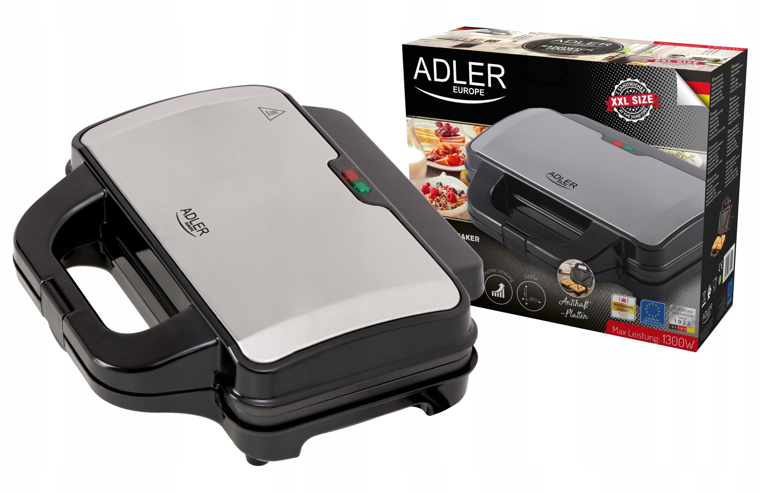 Aparat Sandwich XXL 1300W cu Plăci Antiaderente – Adler AD 3043, Sandvișuri Americane