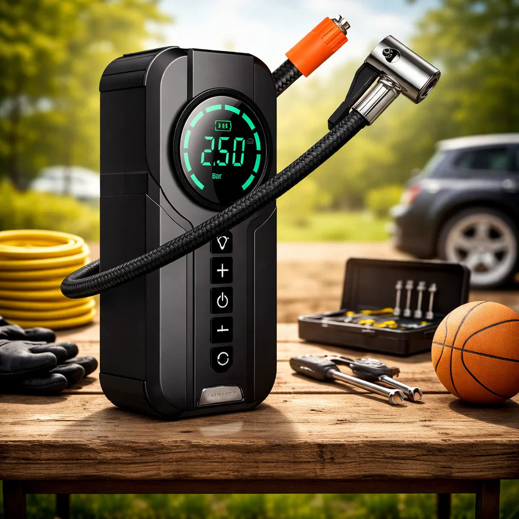 Mini Compresor Auto 5 Funcții – Jump Starter, Manometru Digital, Lanternă și Baterie Externă