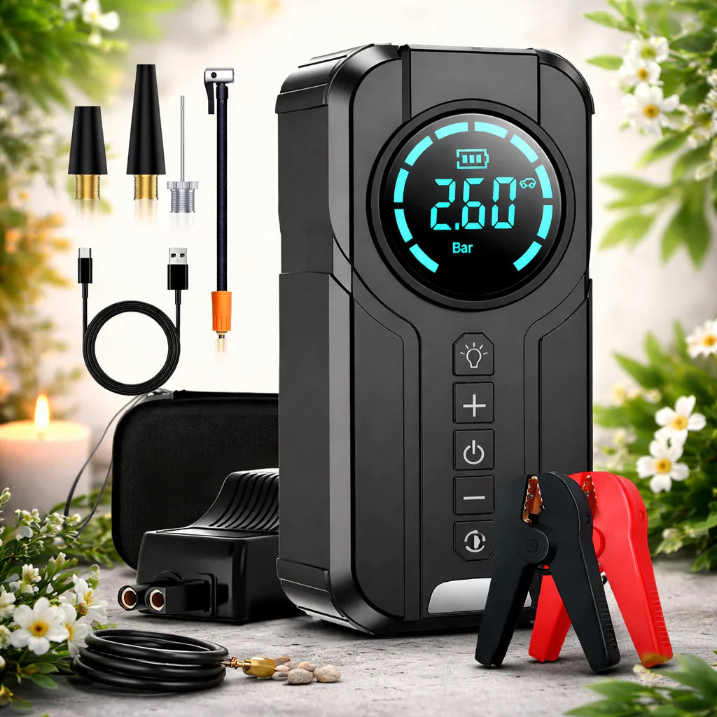 Mini Compresor Auto 5 Funcții – Jump Starter, Manometru Digital, Lanternă și Baterie Externă