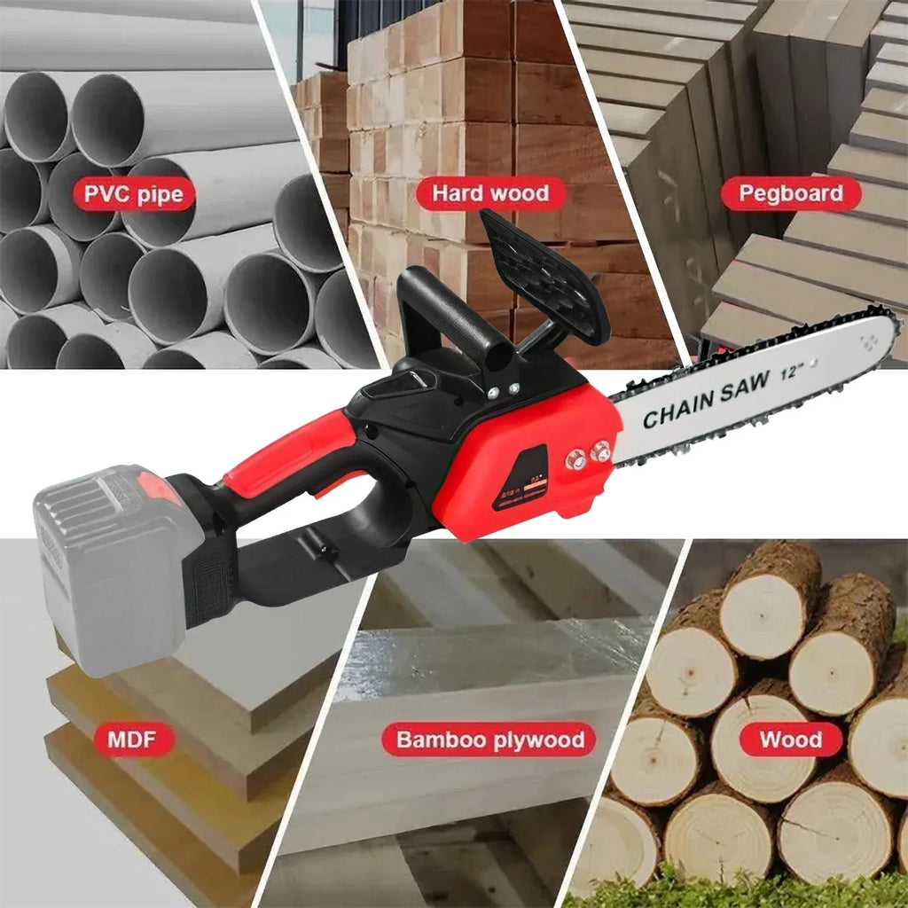 Mini drujbă electrică 12 inch cu lanț, 48V, 2 acumulatori Lithium, 4800 RPM, drujbă portabilă pentru grădină și lemne