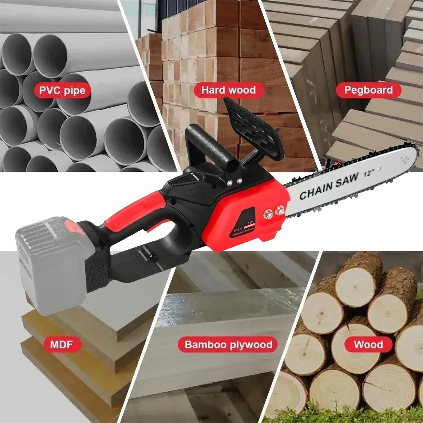 Mini drujbă electrică 12 inch cu lanț, 48V, 2 acumulatori Lithium, 4800 RPM, drujbă portabilă pentru grădină și lemne
