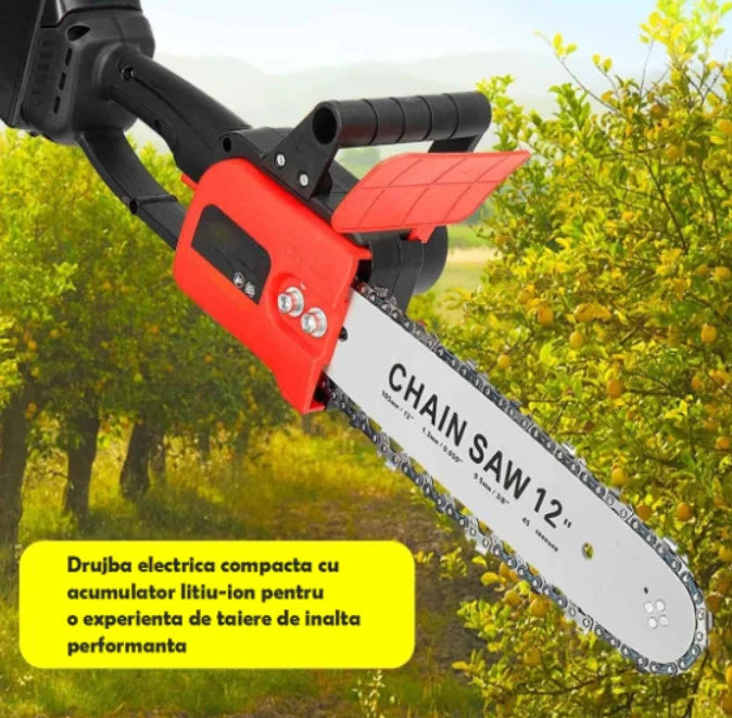 Mini drujbă electrică 12 inch cu lanț, 48V, 2 acumulatori Lithium, 4800 RPM, drujbă portabilă pentru grădină și lemne