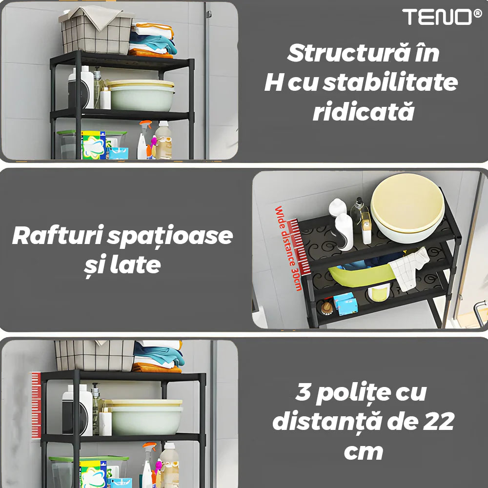 Raft Depozitare Metalic 3 Nivele pentru Mașina de Spălat, Etajeră Organizator Baie, Economisire Spațiu