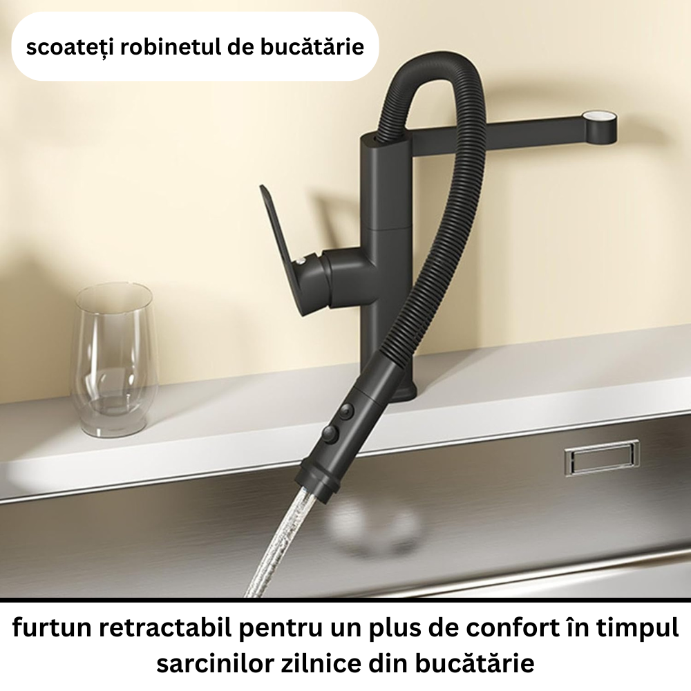 Baterie Bucătărie Negru Mat, 49 cm, Cu Duș Extractibil și Rotire 360°, VST57