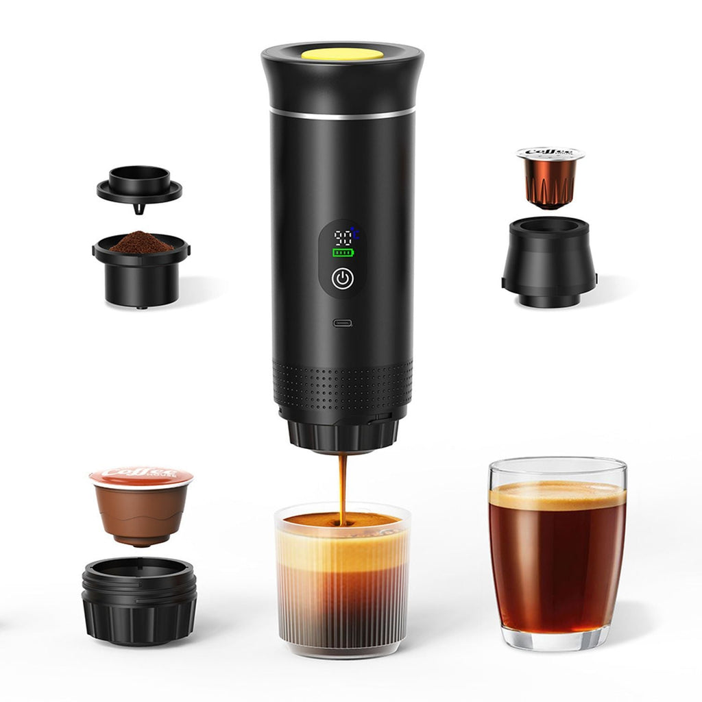 Aparat de Cafea Portabil pentru Mașină și Camping, 3-în-1, Presiune 20 Bar, Încălzire Rapidă, Afișaj Digital, Compatibil Nespresso/Dolce Gusto, Portabil USB-C