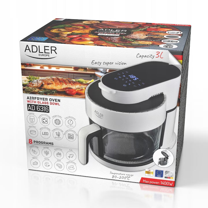 Friteuză cu Aer Cald 3L cu Bol din Sticlă – Adler AD 6316, 1400W, 8 Programe, Touch Screen