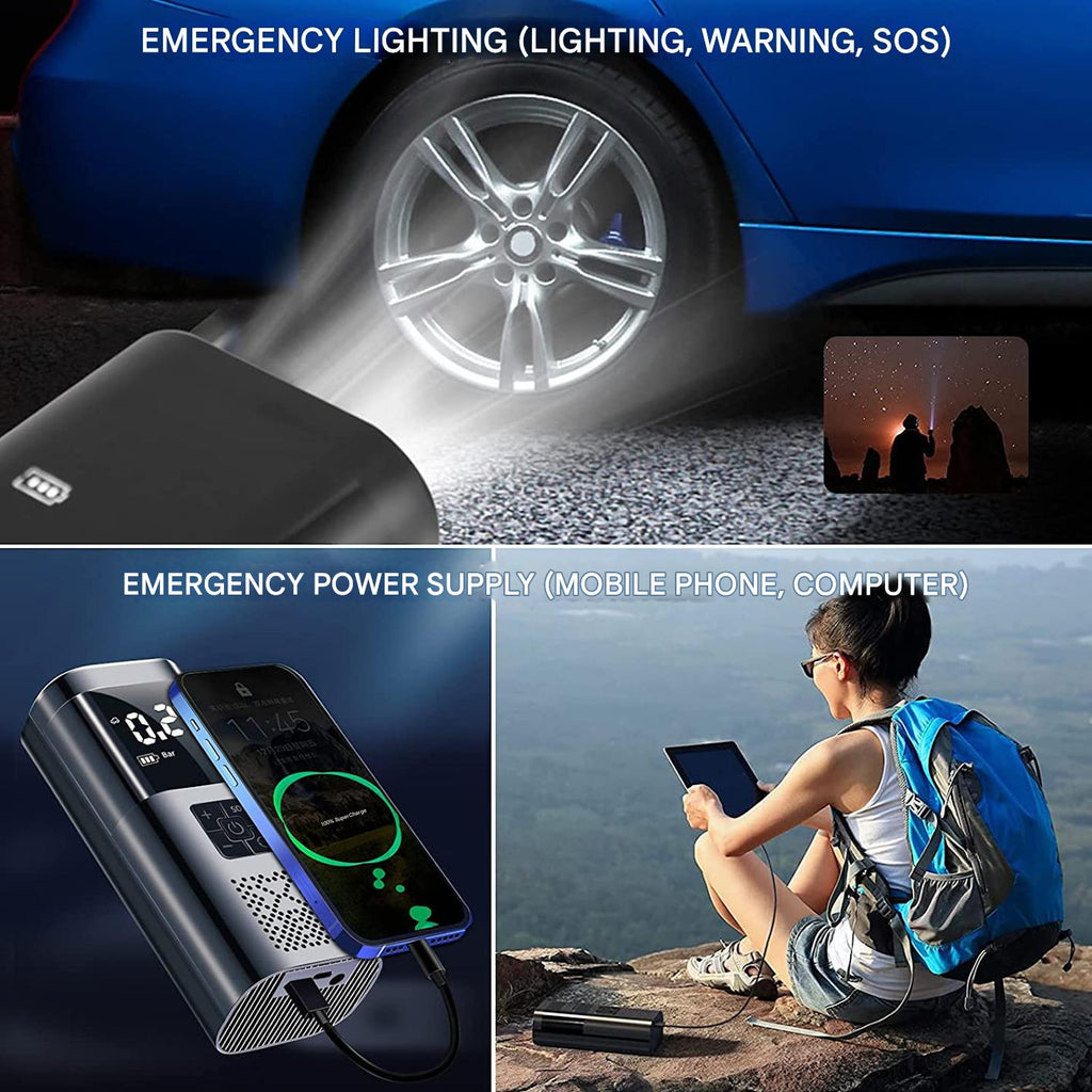 Mini Compresor Auto 3-în-1 cu Baterie 6000mAh – Pompa Digitală 150 PSI, Powerbank și Lanternă LED pentru Anvelope
