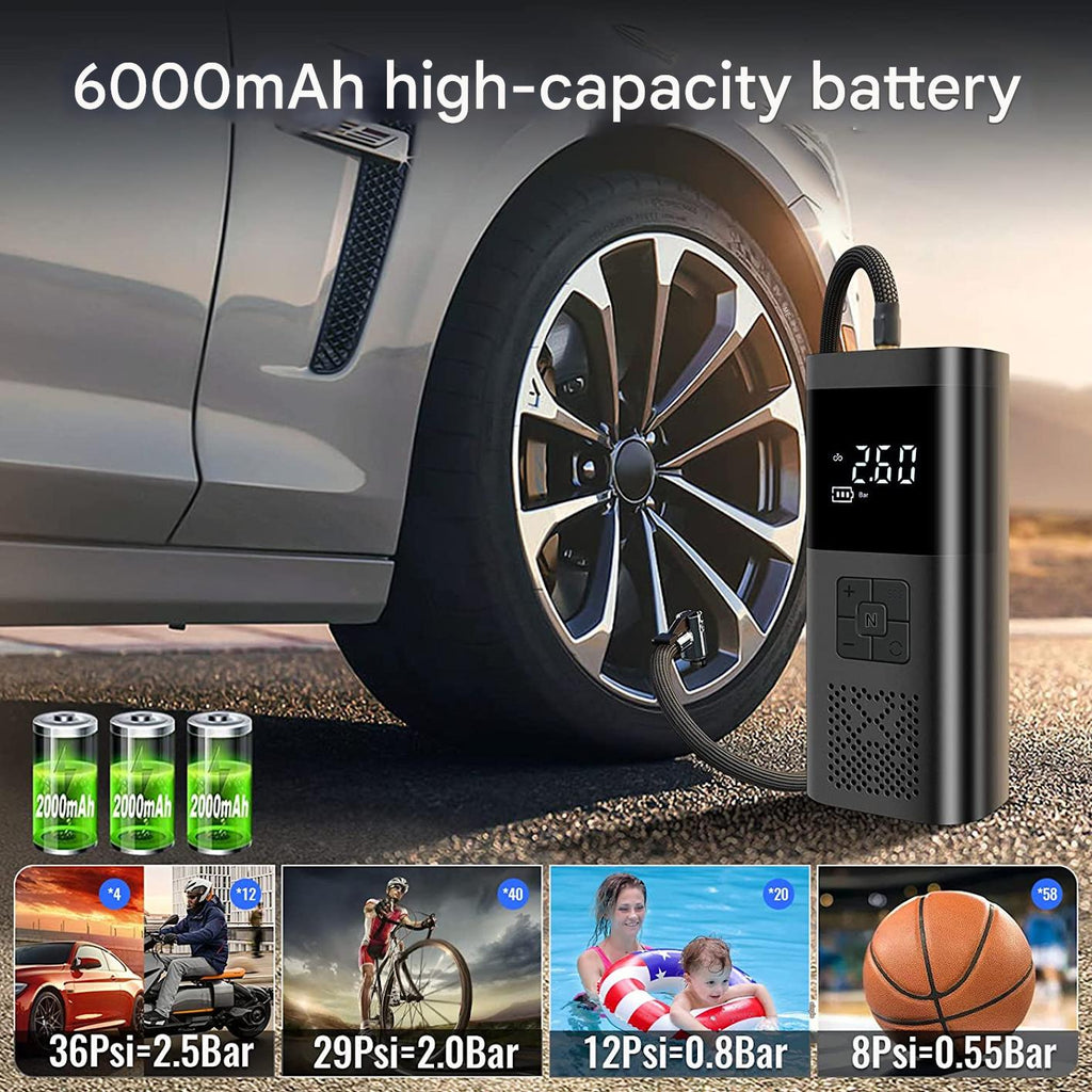 Mini Compresor Auto 3-în-1 cu Baterie 6000mAh – Pompa Digitală 150 PSI, Powerbank și Lanternă LED pentru Anvelope