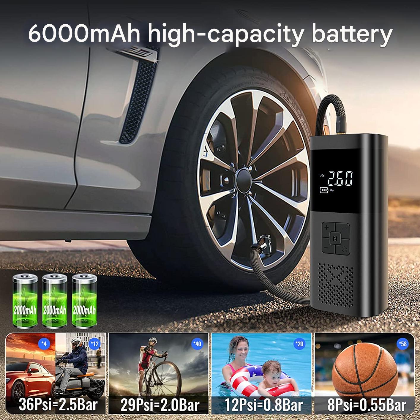 Mini Compresor Auto 3-în-1 cu Baterie 6000mAh – Pompa Digitală 150 PSI, Powerbank și Lanternă LED pentru Anvelope