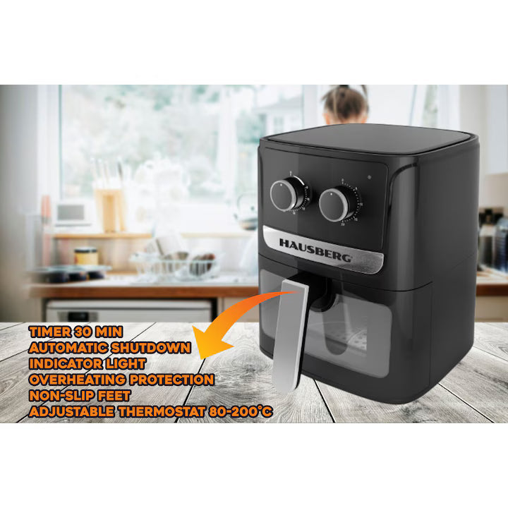Air Fryer 5L Hausberg HB-2340 – 1300-1500W, Termostat 80-200°C, Timer 30 min, Negru