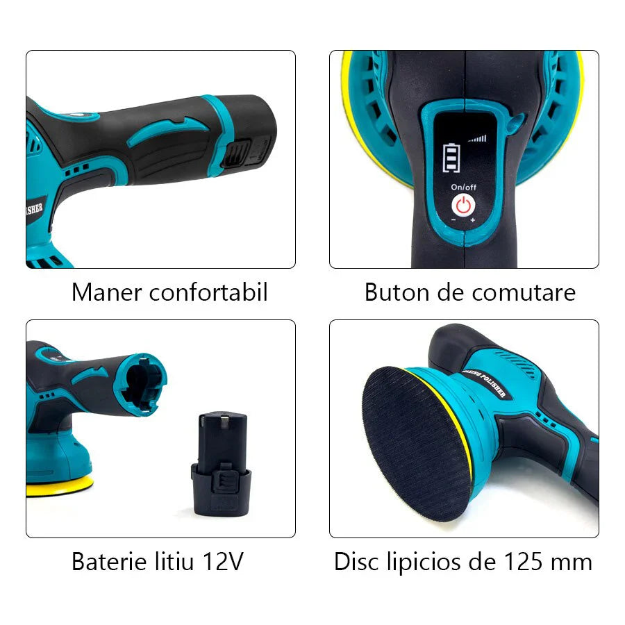 Mașină de Polish Auto fără Fir, 2 Baterii 12V, 8 Trepte Viteză, 2500-5000 RPM