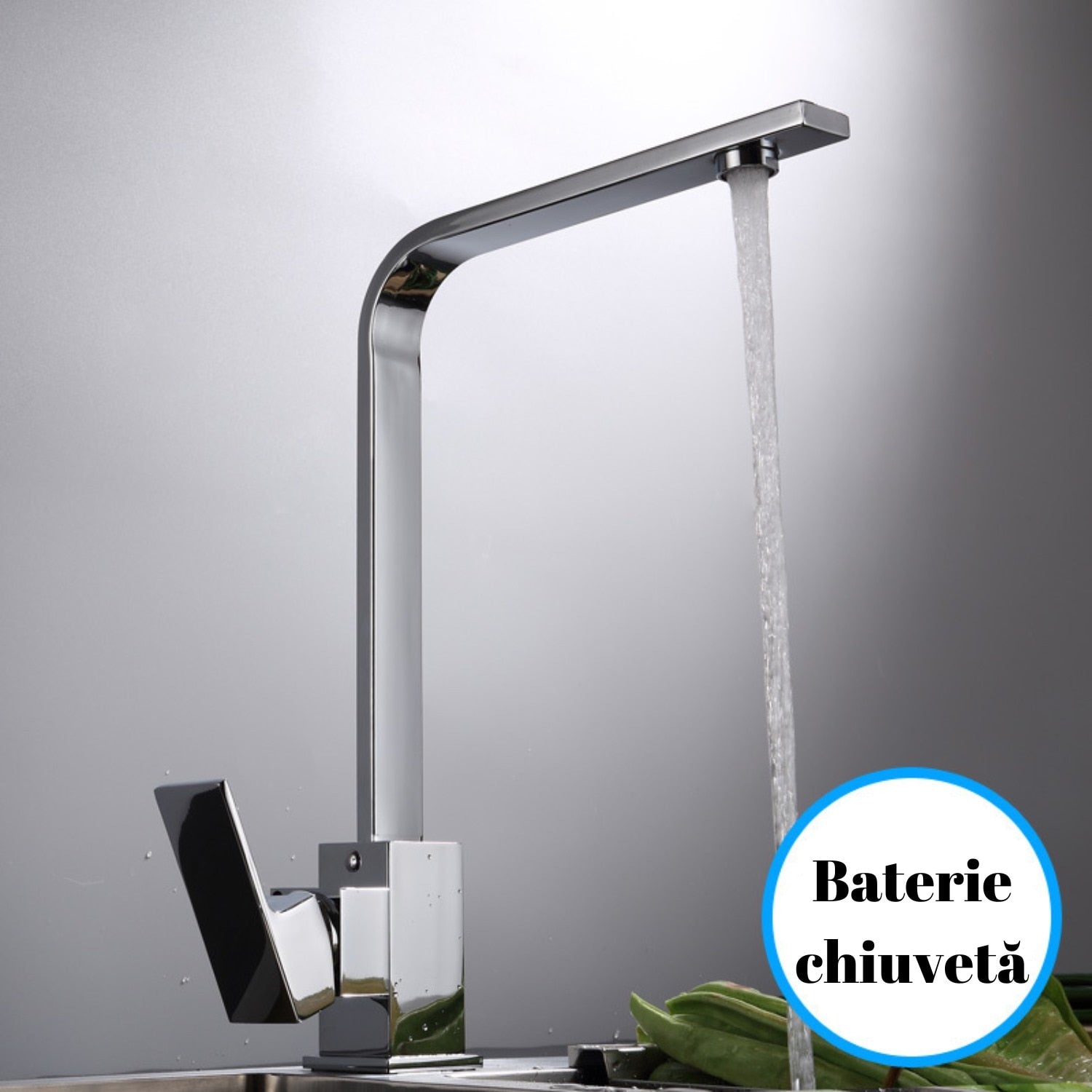 Baterie Chiuvetă Bucătărie Argintie, 32 cm, Monocomandă cu Pipă Înaltă și Rotativă VST61
