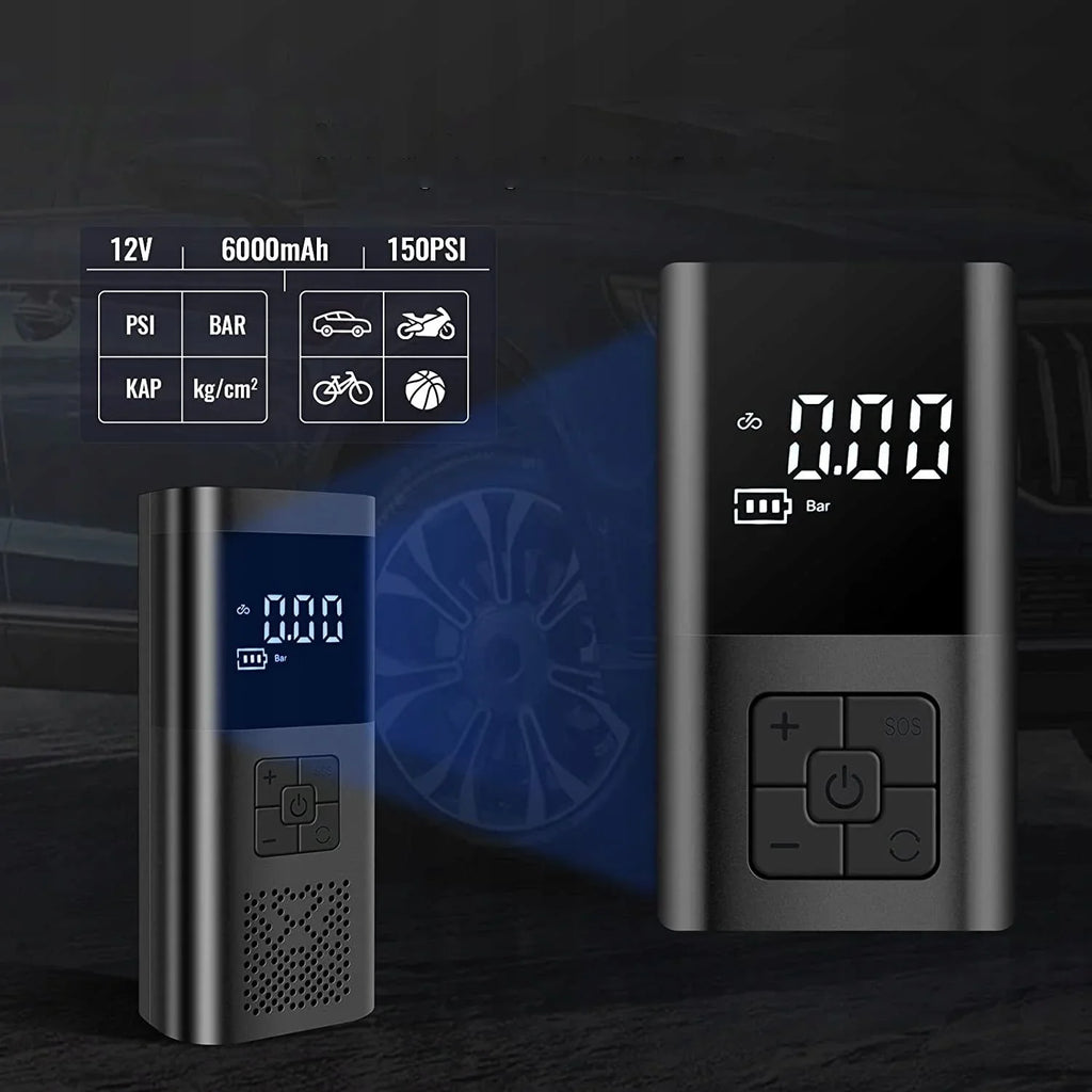 Mini Compresor Auto 3-în-1 cu Baterie 6000mAh – Pompa Digitală 150 PSI, Powerbank și Lanternă LED pentru Anvelope