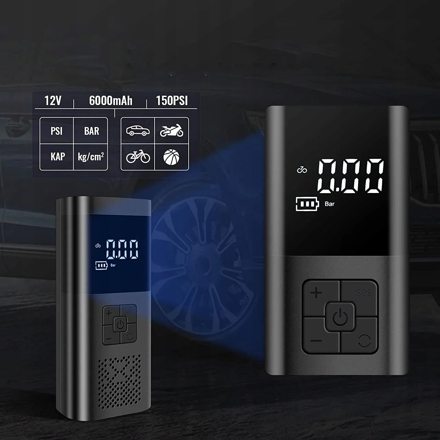 Mini Compresor Auto 3-în-1 cu Baterie 6000mAh – Pompa Digitală 150 PSI, Powerbank și Lanternă LED pentru Anvelope
