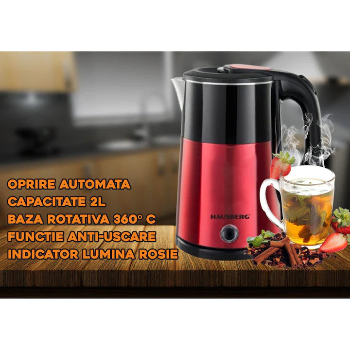 Cană Electrică 2L cu Oprire Automată – Hausberg HB-3618RS, 1500W, Bază Rotativă 360°