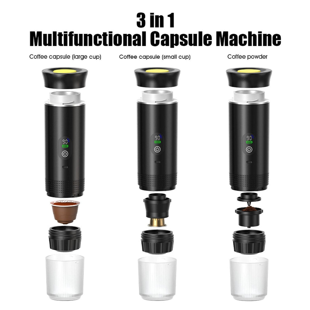 Aparat de Cafea Portabil pentru Mașină și Camping, 3-în-1, Presiune 20 Bar, Încălzire Rapidă, Afișaj Digital, Compatibil Nespresso/Dolce Gusto, Portabil USB-C