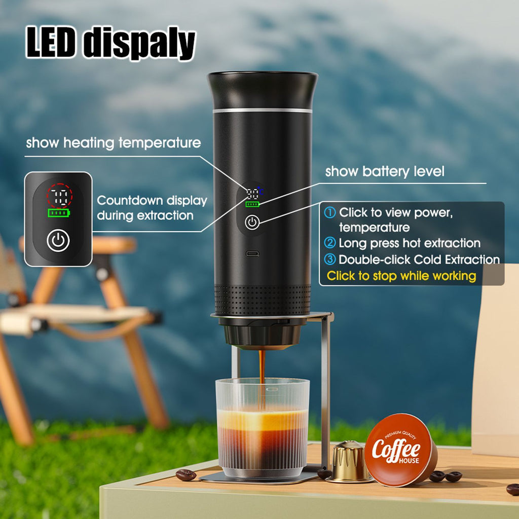 Aparat de Cafea Portabil pentru Mașină și Camping, 3-în-1, Presiune 20 Bar, Încălzire Rapidă, Afișaj Digital, Compatibil Nespresso/Dolce Gusto, Portabil USB-C