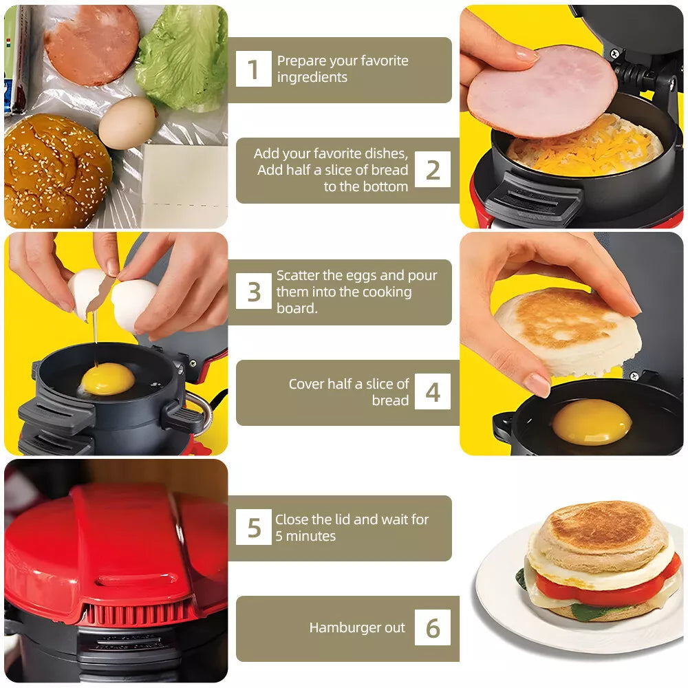 Sandwich Maker RAF 600W pentru Sandwich-uri și Burgeri, Plăci Antiaderente, Compact, Roșu