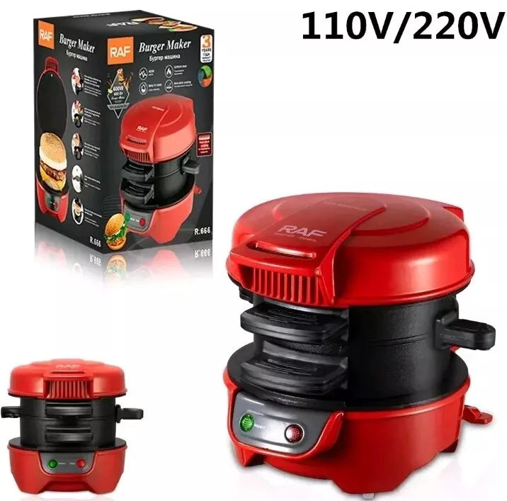 Sandwich Maker RAF 600W pentru Sandwich-uri și Burgeri, Plăci Antiaderente, Compact, Roșu