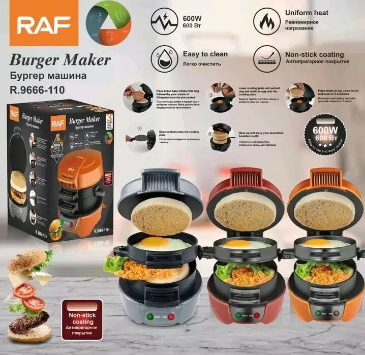 Sandwich Maker RAF 600W pentru Sandwich-uri și Burgeri, Plăci Antiaderente, Compact, Roșu