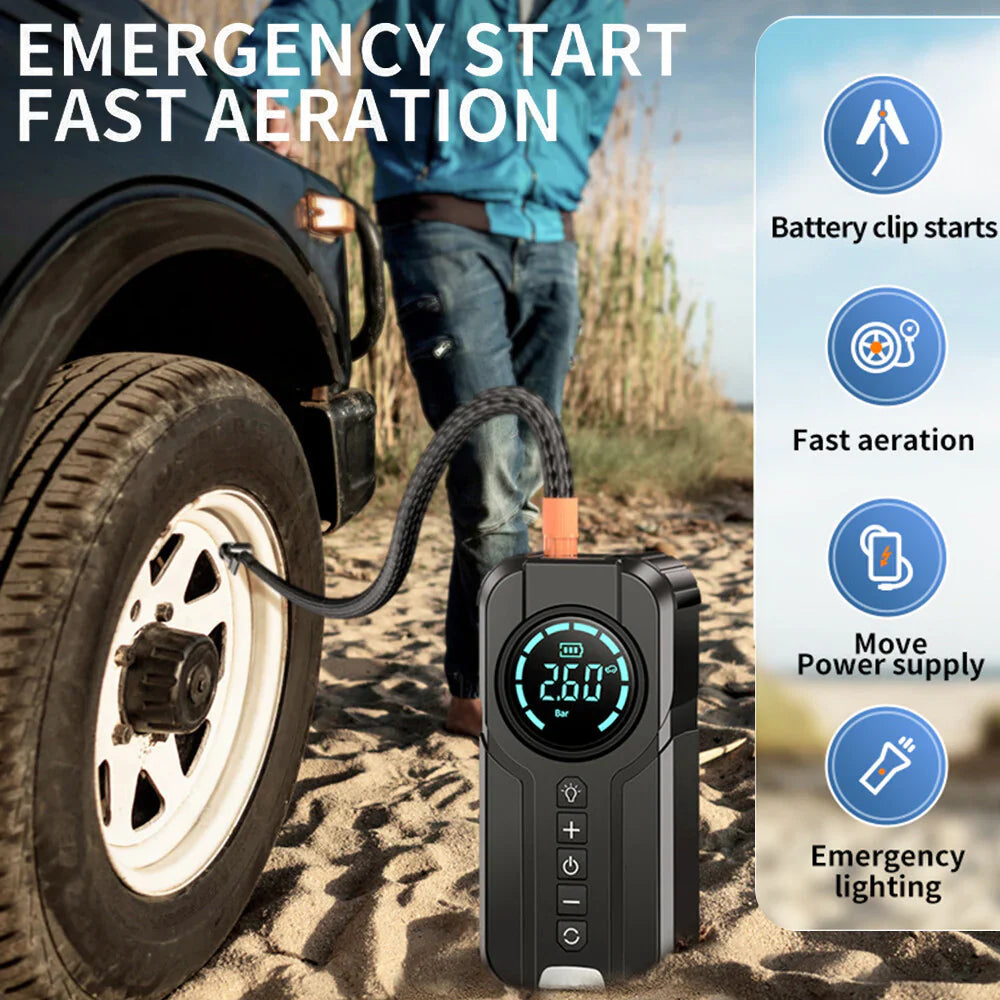Mini Compresor Auto 5 Funcții – Jump Starter, Manometru Digital, Lanternă și Baterie Externă