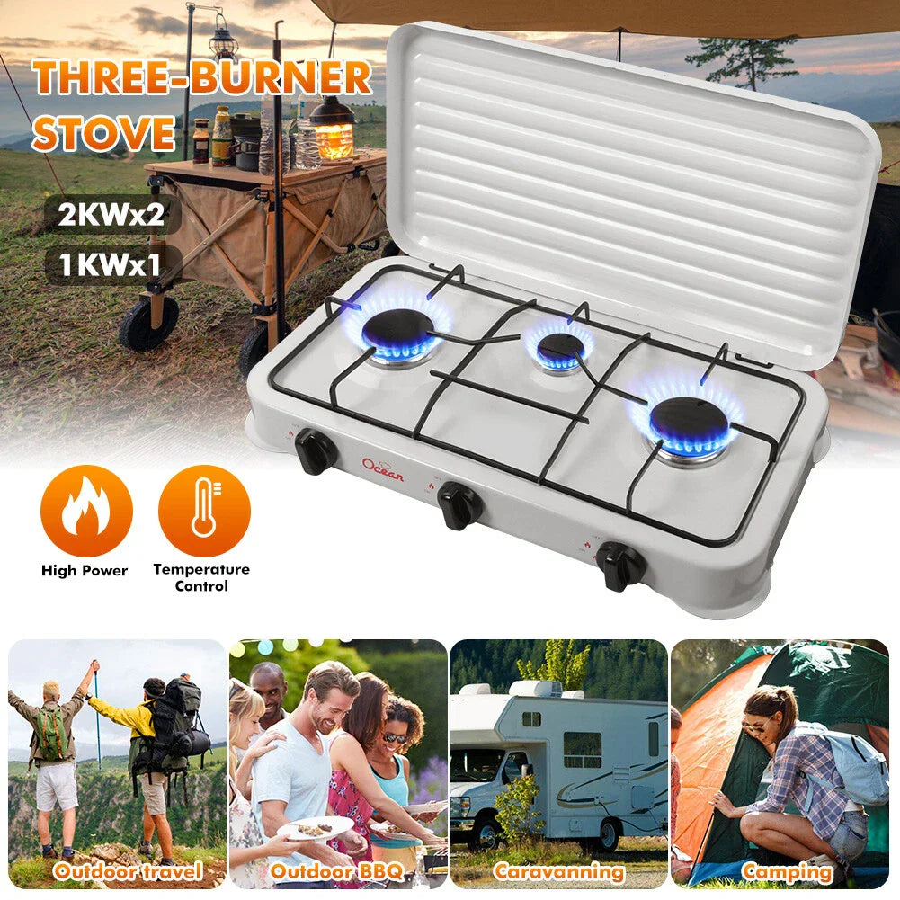 Plită Portabilă pe Gaz cu 3 Ochiuri, Rezistentă și Compactă, pentru Camping, Rulotă sau Bucătărie de Vară, Emailată