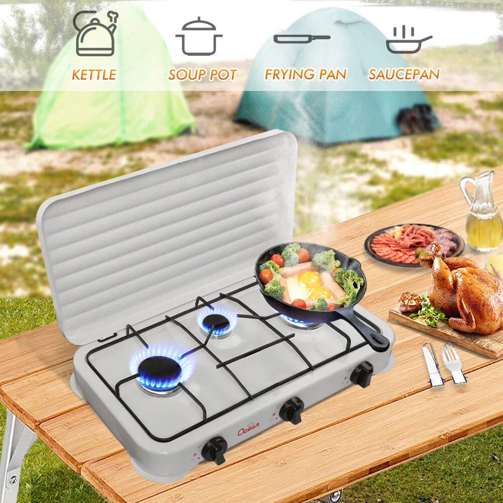 Plită Portabilă pe Gaz cu 3 Ochiuri, Rezistentă și Compactă, pentru Camping, Rulotă sau Bucătărie de Vară, Emailată