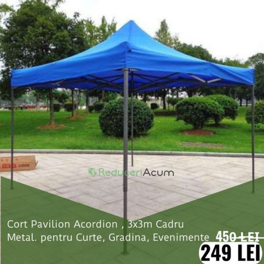 Cort albastru Pavilion 3x3m  Pliabil, tip acordeon! Cadru Metal pentru Curte, Gradina, Evenimente